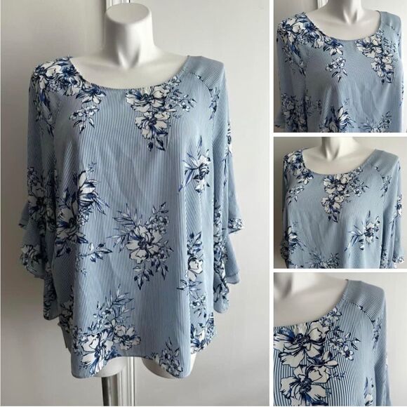 NWT Blue Striped Floral Flutter Sleeve Blouse, Size 2X - Picture 1 of 10